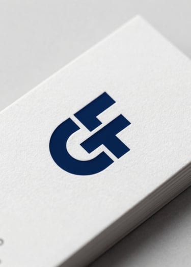 A close-up vertical shot of a minimalist business card featuring a debossed logo. The lighting is soft and professional, creating subtle shadows. The color palette includes #0F1E2E for the card and #F8F8F4 for the logo, exuding strategic design quality.