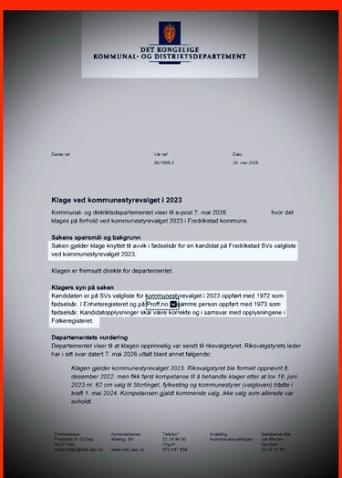 Kommunal- og distriktsdepartementets svar Fredrikstad Kommune Bystyret, Salah Hassan Al Saadi, Styre