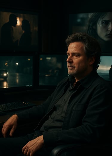 A professional director sitting in a black leather chair in a dimly lit edit suite, several high-resolution monitors glowing with cinematic scenes, North American studio setting.