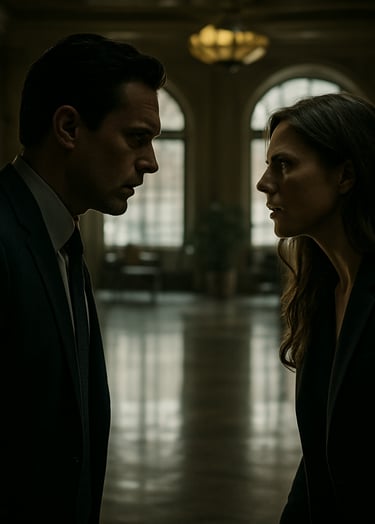 A dramatic production still of two characters in a high-stakes conversation inside a luxury hotel lobby, North American style. Deep shadows and bright off-white light filtering through large windows, creating a cinematic atmosphere.