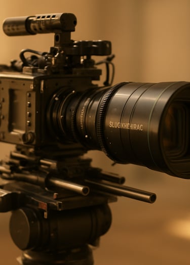 A detailed close-up of a professional cinema camera rig with anamorphic lenses on a film set, soft lighting with golden hues and off-white highlights. High-end production gear, North American / International.