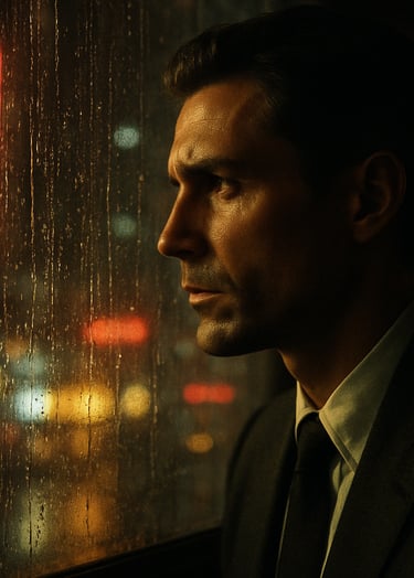 Cinematic close-up of a sophisticated protagonist looking out of a rain-streaked window at a neon-lit North American cityscape. The lighting is low-key with sharp gold and off-white highlights, 35mm film aesthetic.