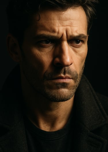 A dramatic character portrait of an actor in a professional studio setting, high contrast lighting with deep black shadows and soft off-white highlights. Cinematic grandeur, North American / International.