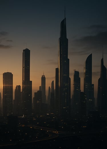 A wide cinematic still showing a futuristic North American city skyline at dusk, anamorphic lens flares in gold and off-white, high-end film production style with deep charcoal shadows.