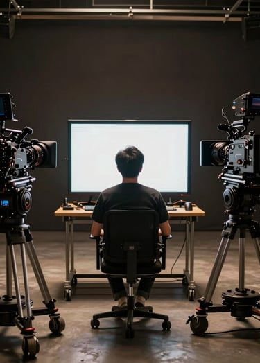 A cinematic wide shot of a professional film production stage. A director sits in a chair facing a large monitor, surrounded by high-end cameras and professional lighting equipment. The color palette is dark charcoal and gold. Global / Western.