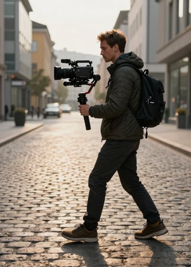 Action photography of a brand commercial shoot on a cobblestone street in a modern European city. A professional videographer uses a stabilizer rig. The lighting is low-sun golden hour, creating long shadows and high-contrast professional tones.
