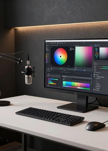 A high-end virtual office setup with a sleek minimalist desk, professional microphone on an arm, and a large monitor showing a color-grading interface. The room has dark charcoal walls and subtle gold ambient lighting. Global / Western.