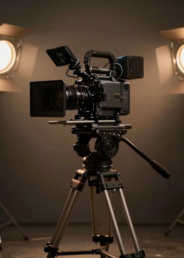 A cinematic shot of a professional film set in a high-end dark studio. A large cinema camera is mounted on a carbon fiber tripod, silhouetted against soft golden spotlights. Global / Western.