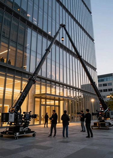 A wide-angle professional photography shot of a high-end film set in a modern, glass-walled architectural building in a Global / Western city at dusk. A professional crew is operating high-end cinema cameras on cranes. Soft gold lighting accents the deep black equipment and the sleek environment.