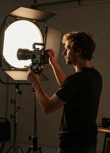 A medium shot of a director of photography adjusting a light on a professional set. The palette is dominated by dark tones and rich golden highlights. Global / Western.