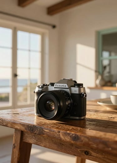 A high-end professional photograph of a stylish camera sitting on a rustic wooden table in a South African seaside villa. The soft golden light of Cape Town's afternoon sun streams through the window, highlighting warm off-white and soft mint tones in the decor.