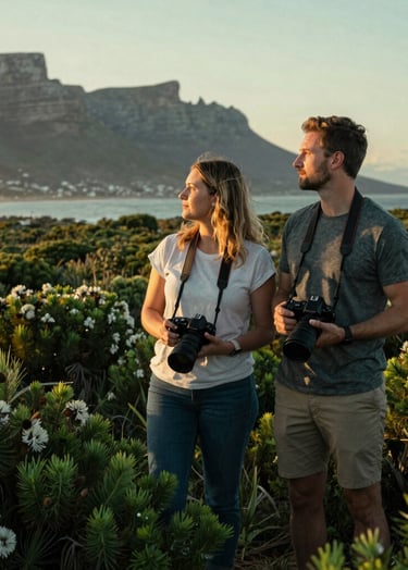 A professional South African couple standing in a lush Cape Town fynbos field, each holding a professional camera, looking out towards the ocean, warm sunset lighting, Deep Forest Green and Muted Seafoam tones.