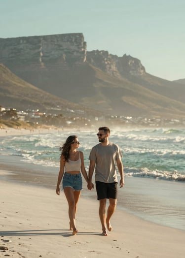 A stunning portrait of a couple walking along a Cape Town beach at sunset. The composition is wide, showcasing the adventurous spirit of the couple and the natural beauty of the South African coastline in muted sea green and off-white.