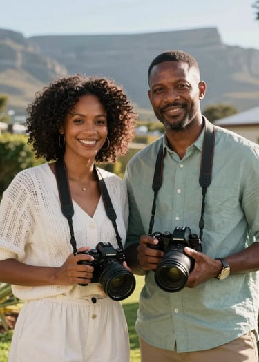 A professional and warm portrait of a South African couple standing together in a sun-drenched Cape Town garden, holding two different professional cameras. The scene is filled with Pearl White light and hints of Sage Teal in their stylish, casual attire.