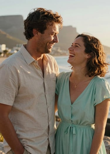 A warm and inviting photograph of a South African couple laughing together in a coastal Cape Town setting. The lighting is soft and golden, with the woman wearing a soft mint dress. The composition is intimate and authentic, capturing a moment of professional artistry.