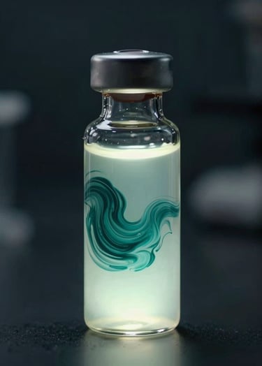 Cinematic photography of a single glass vial inside a dark laboratorium. The vial glows with a soft milky glass white light, containing a swirling deep forest teal liquid, positioned against a shadowy dark charcoal background.