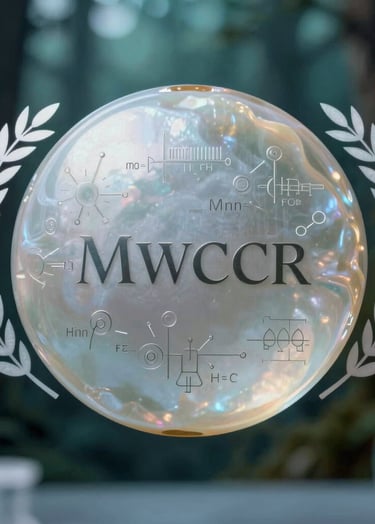 Close-up photography of frosted milky pearl glass with etched scientific formulas, revealing a blurred dark forest teal laboratory in the background.