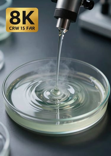 Macro photography of ripples in a petri dish filled with a sage mist liquid, vibrating from an unseen audio frequency in a clinical lab environment.