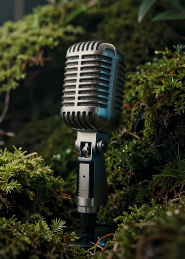 A cinematic, close-up shot of a vintage scientific microphone placed inside a thick, lush moss environment. The lighting is moody and dark charcoal, with soft off-white highlights on the metallic mesh and deep teal shadows.
