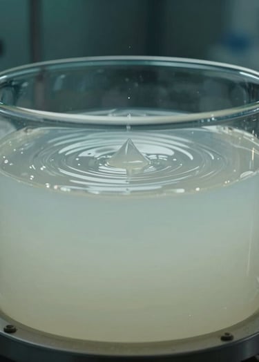 Cinematic photography of a dark laboratory setting. A large glass cylinder is filled with milky glass white liquid, where sound waves create intricate geometric ripples. The lighting is cold and clinical, with deep teal shadows and muted sage grey highlights on the scientific instruments.