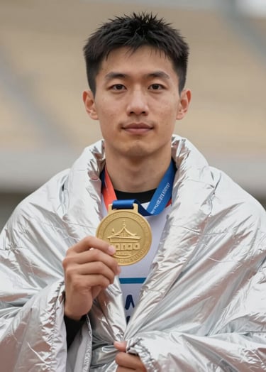 A portrait of a finisher wrapped in a silver thermal blanket, holding a medal. The expression is one of quiet pride. Authentic lighting, close-up composition. The blanket reflects the soft tones of the surroundings, including #8C847E and #F2F1ED.