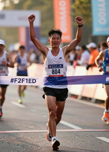 A dynamic shot of a marathon runner crossing the finish line with arms raised in victory. The lighting is low-sun golden hour, highlighting sweat and facial expression. Composition includes the blurred finish line tape and #F2F1ED tones in the background banners.