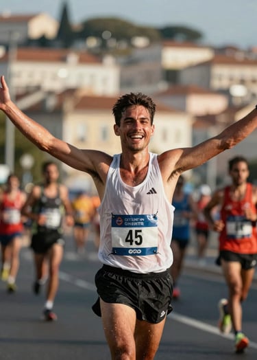 A powerful action shot of a marathon runner crossing the finish line with arms wide open. The runner has an expression of pure relief and joy. Sunlight hits the water droplets (sweat) on their skin. The background shows a blurred Lisbon cityscape. Professional photography style, dynamic composition, warm lighting with #F2F1ED highlights and #0D0D0D shadows.