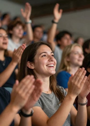 A group of spectators from a low angle, cheering and clapping with intense emotion. Warm light hits their faces, creating a friendly and human-centric atmosphere. Depth of field is shallow.