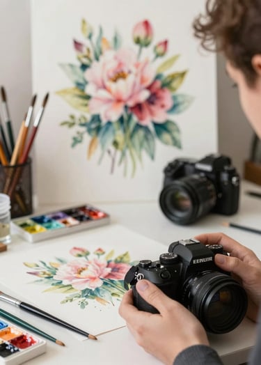A professional artist's workshop scene featuring watercolor brushes and a high-end camera, with a finished floral masterpiece in the background.