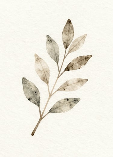 A delicate watercolor painting of a single botanical branch, minimal composition with plenty of negative space, soft washes of #A89B90 and #6F5E52 on a textured #F5F2EF paper background, elegant and serene artist style.
