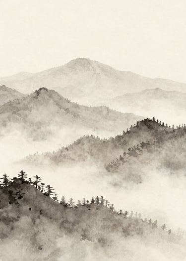 A serene watercolor landscape showing a misty morning mountain range. Soft textures of #A89B90 and #F5F2EF are used for the fog, with elegant #362C27 shadows on the peaks. The style is understated and digital gallery-ready.