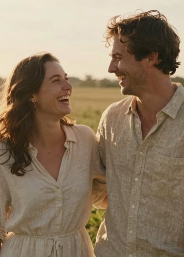 A cinematic portrait of a North American / US couple laughing together in a sun-drenched field at golden hour. They are wearing Soft Sand colored linen, and the lighting is warm and hazy, highlighting genuine emotion.
