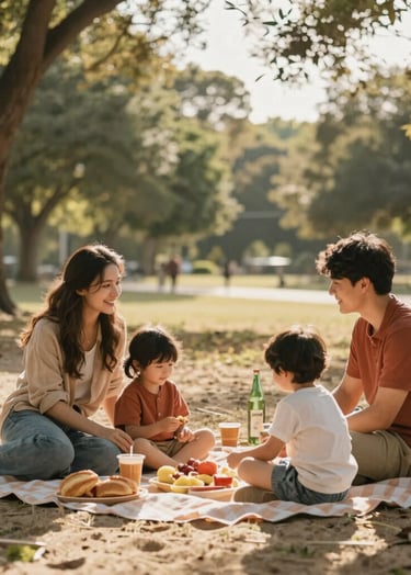 Cinematic lifestyle photography of a young family enjoying an outdoor picnic in a North American park. Warm, sun-drenched afternoon light filters through the trees. Soft sand and terracotta tones in their clothing. Authentic storytelling style.