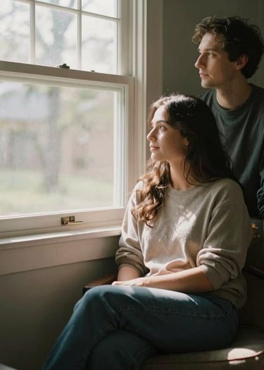 An authentic portrait of a couple sharing a quiet moment by a window in a North American home. The sun-drenched lighting creates a cinematic atmosphere. Soft Sand tones and Charcoal shadows provide a beautiful, artful contrast.