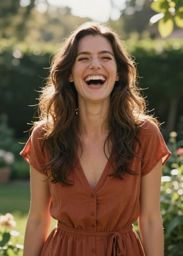 A cinematic photography portrait of a woman laughing joyfully in a sun-drenched North American garden, wearing a Terracotta dress, backlighting creating a soft glow around her hair, authentic emotion.