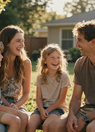Cinematic photography of a North American family laughing together in a sun-drenched backyard. Warm, authentic atmosphere with golden light. The composition highlights genuine emotion and a friendly, artful lifestyle.