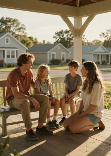 A cinematic, sun-drenched photograph of a young family laughing together on a wooden porch in a North American neighborhood. The lighting is golden hour warm, creating soft glows. The colors feature Soft Sand and Terracotta tones in their casual attire. Authentic, candid composition.
