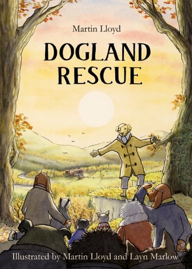 Childrens book cover, graphic novel, dog story, humorous story, ripping yarn