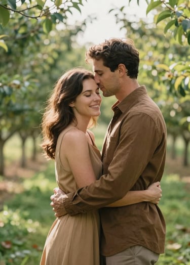 A sophisticated portrait of a couple embracing in a lush, green orchard in West Michigan. The style is light and airy, with warm natural light filtering through the trees. They are wearing timeless, elegant clothing in shades of medium brown and tan, reflecting a sense of genuine joy and connection.