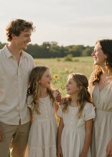 A young family of four laughing together in a sun-drenched meadow in North American / US (West Michigan). The lighting is soft and golden, with a light and airy aesthetic and attire in soft light beige tones.