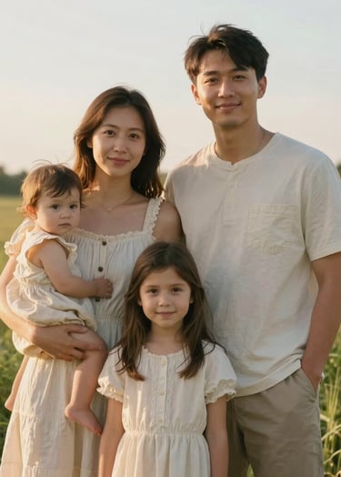 A serene outdoor portrait of a young family in a West Michigan meadow during golden hour. The lighting is light and airy, with soft cream and beige clothing. The composition is intimate and warm.