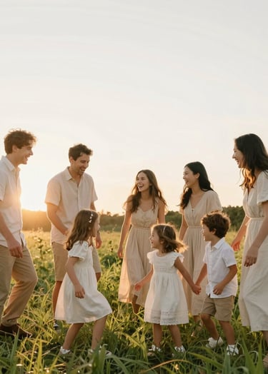 A bright and airy outdoor family portrait taken in a beautiful meadow in West Michigan at sunset. A family is seen laughing and playing, dressed in light cream and beige attire. The lighting is golden and warm, creating a joyous and sophisticated scene with natural beauty.