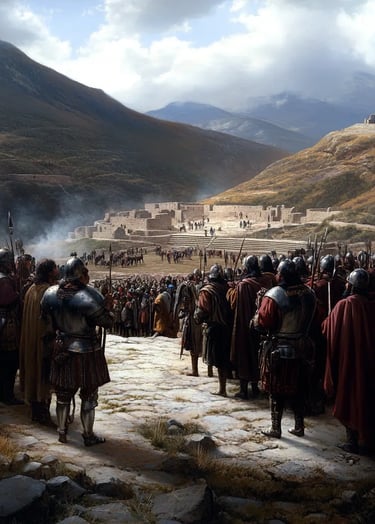 1532 Andean highlands near Cajamarca, Francisco Pizarro and his men dismounting outside a Inca plaza