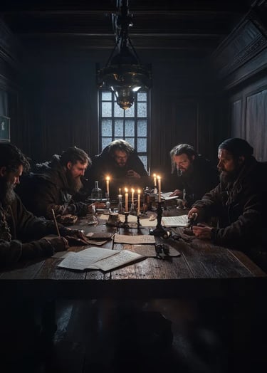 1666, dimly lit Royal Society chamber, oak-paneled walls and flickering wax candles, Samuel Pepys