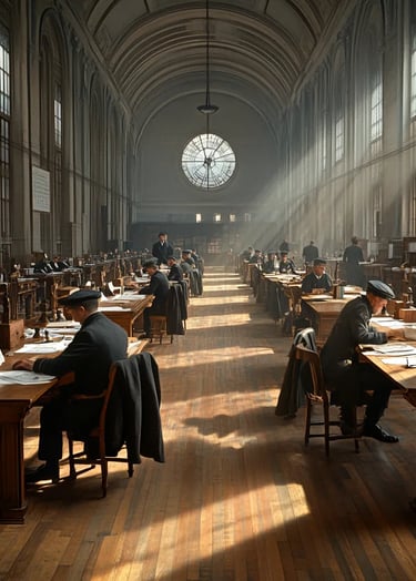 1914, Washington D.C. State Department office, sunlight pouring through tall arched windows