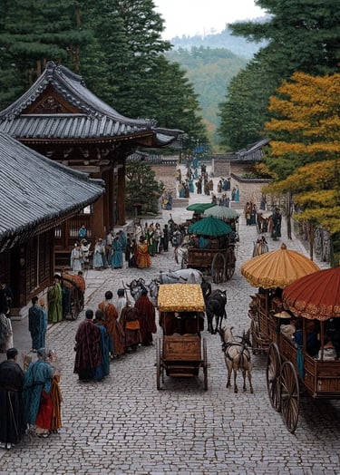 autumn morning in the imperial city of Nara, Emperor Kammu’s royal entourage prepares to depart