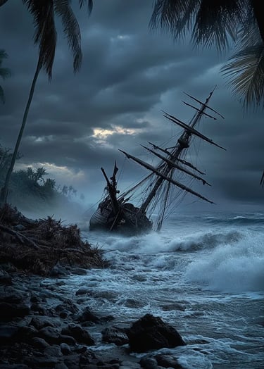 A broken, weather-beaten ship lies half-submerged near the shore