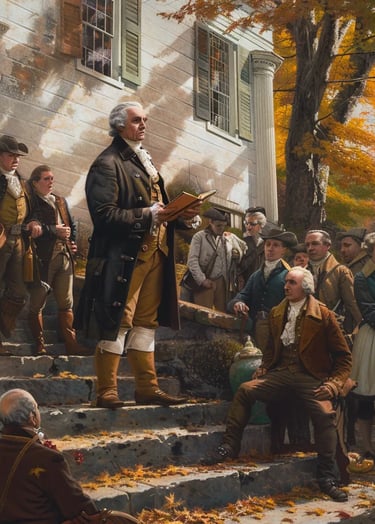President George Washington reading the Thanksgiving proclamation aloud to an attentive group