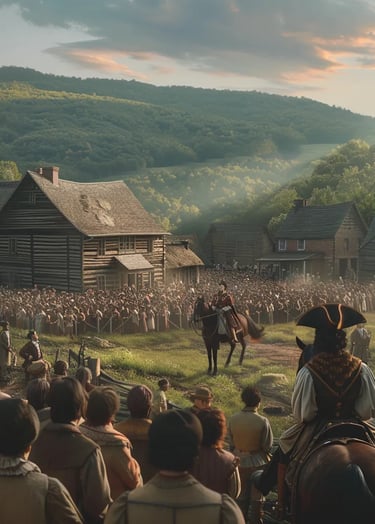 a royal messenger on horseback delivering the Proclamation of 1763 to a colonial village