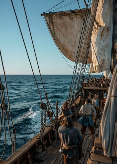 Christopher Columbus aboard the Santa Maria, surrounded by his crew